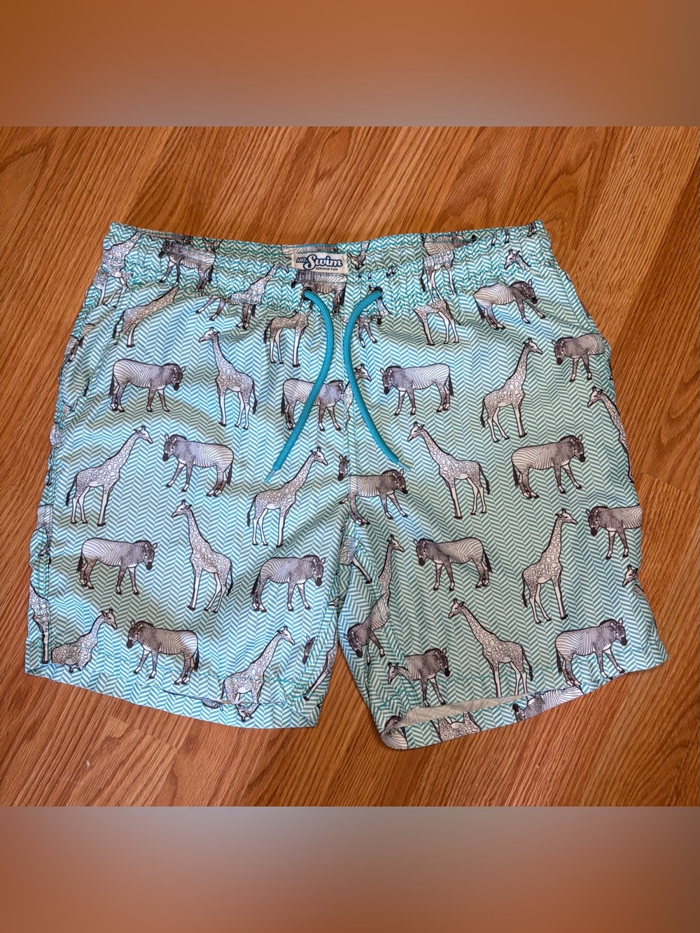 Mr.Swim Aqua Animal-Print Swim Trunks with Teal Drawstring